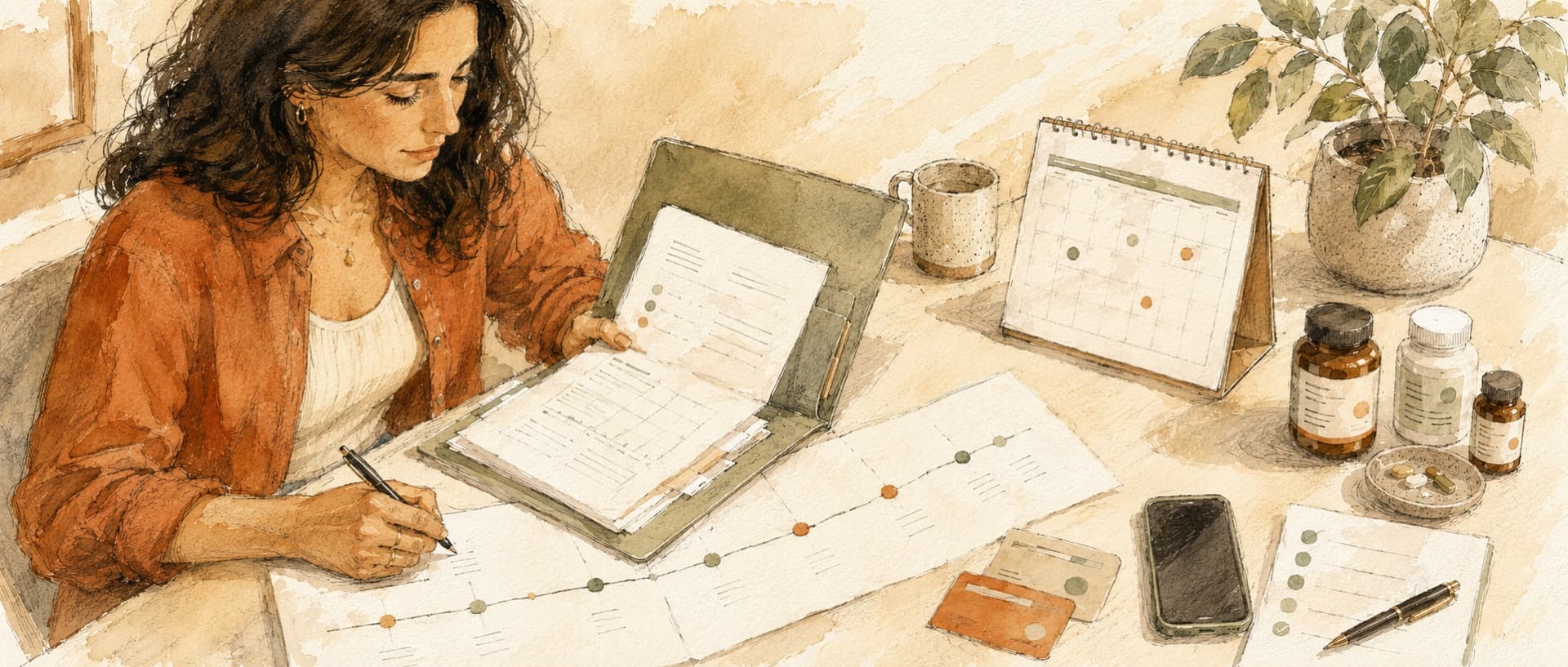 Watercolor of a woman organizing records, a cycle calendar and medications at a table before a fertility appointment