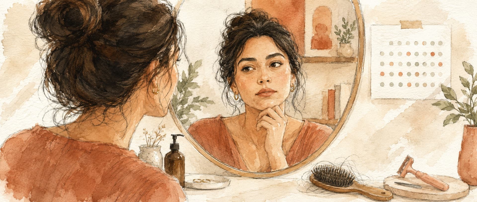 Watercolor of a woman studying her reflection in a mirror, with a hairbrush, razor and cycle calendar on the counter